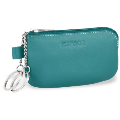 Afbeelding van MANAGE leren sleuteletui turquoise met muntvak en sleutelring rits voor dames heren autosleutels sleutelhanger sleuteltas