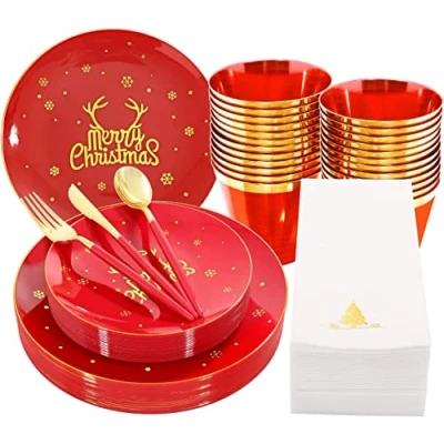 Afbeelding van KAHEIGN 175 stuks herbruikbaar kerst serviesgoed, rood plastic servies met gouden rand 25 dinerborden, slaborden, messen, vorken, lepels, servetten voor gasten kerstfeest