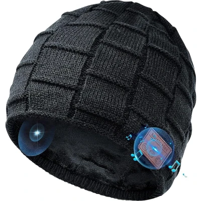 Afbeelding van Cadeau voor Kerstmis Bluetooth muts wintermuts gebreide warme muziek met draadloze hoofdtelefoon handsfree fleece voering beanie hoed joggen, fietsen, skiën, Zwart.