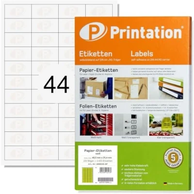 Afbeelding van Printation Amazon FBA SKU Artikeletiketten 44 (48,5 x 25,4 mm) op DIN A4 100 vellen 4400 papier barcode stickers, 48,5 mm, wit, zelfklevend, bedrukbaar, 48 25 productbarcode etiketten