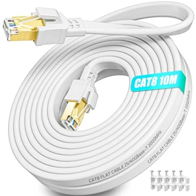 Afbeelding van Ethernet Kabel 10m Cat 8 Netwerkkabel 10 meter Hoge Snelheid RJ45 Patch Flexibele Platte 40Gbps 2000MHz LAN Gigabit Internet Wit voor Router Modem Switch