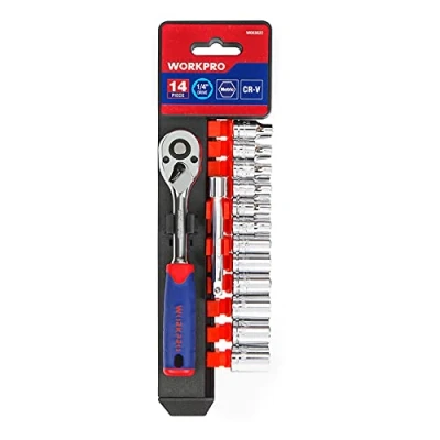 Afbeelding van WORKPRO 14 delige metrische dopsleutelset (4 13 mm), roestbestendig Cr V staal, 1/4&quot; snelspanner ratel met 72 tanden en verlengstang
