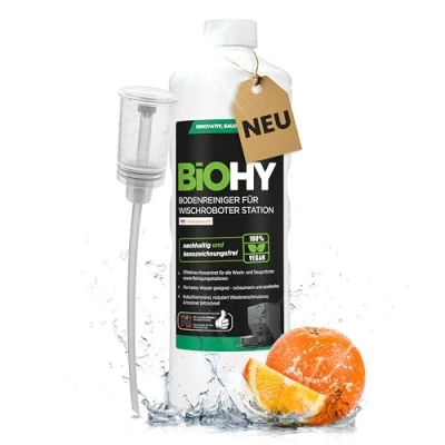 Afbeelding van BiOHY Vloerreiniger voor dweilrobot station met sinaasappelgeur (fles van 1 liter) + doseerder, reinigingsmiddel concentraat alle wis en zuigrobots natte functie, schuimarm streepvrij