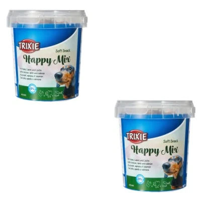 Afbeelding van Trixie Soft Snack Happy Mix Dubbelpak 2 x 500 g Heerlijke snacks voor honden Met kip, lam en zalm Zonder toegevoegde suiker Praktisch verpakt in afsluitbare kunststof emmer