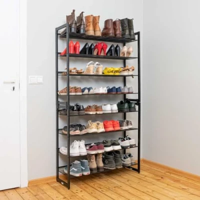 Afbeelding van Tatkraft Giza schoenenrek met 8 niveaus, smal van metaal, set 2 stapelbare 4 traps schoenenorganizer, verstelbaar, zwart