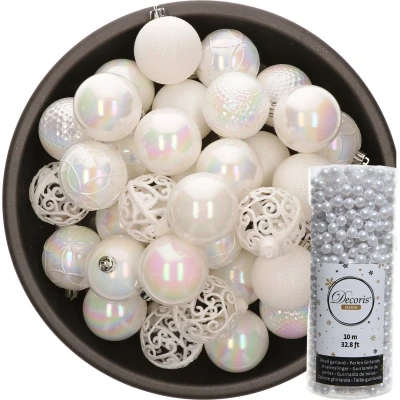 Afbeelding van 37x stuks kunststof kerstballen 6 cm inclusief kralenslinger parelmoer wit Kerstbal