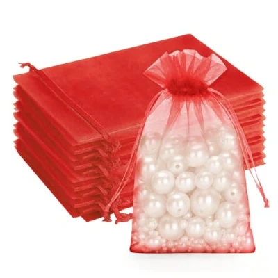 Afbeelding van G2PLUS Rode organza geschenkzakjes, 10 x 15 cm medium gunstzakjes, 100 stuks bruiloft sieraden tassen, doorzichtige gaaszakjes perfect voor bruiloft, Kerstmis, verjaardag, jubileum