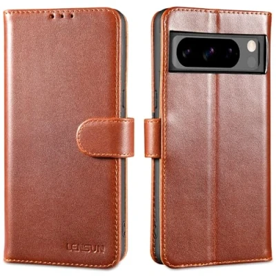 Afbeelding van LENSUN beschermhoes voor Google Pixel 8 Pro, van echt leer, portefeuille, [RFID] [Portemonneevak] en magnetische sluiting Pro 5G, donkerbruin
