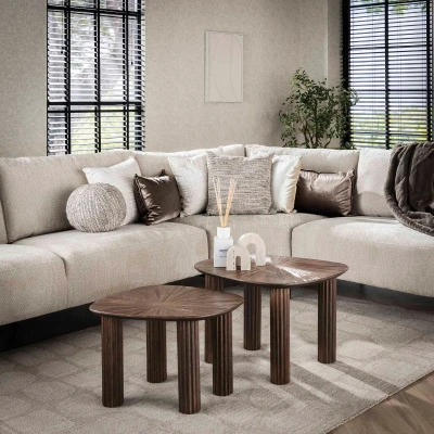 Afbeelding van Fraaai Otto salontafel set van 2 driehoekig Maya teak bruin Hout
