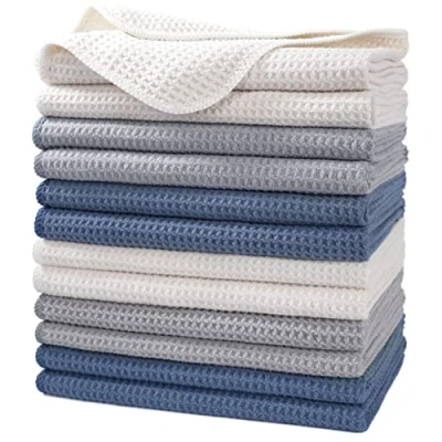 Afbeelding van Polyte Premium microvezel keukendoek met wafelpatroon 12 pack donkerblauw, grijs, gebroken wit 40,6 x 71,1 cm