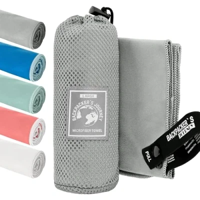 Afbeelding van Backpacker&#039;s Journey microvezel handdoeken in S M L XL. Reishanddoek stelt licht, sneldrogend, absorberend en antibacterieel (grijs M)