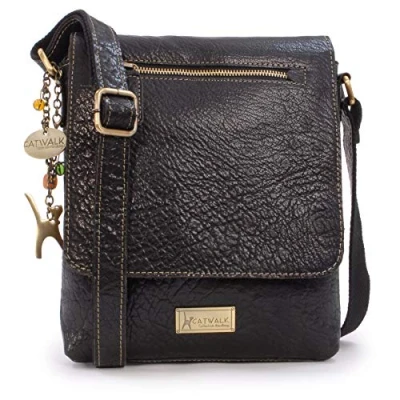 Afbeelding van Catwalk Collection Handbags Echt Leer Messenger/Koerierstas Bag met Lange Schouder Riem Anti Diefstal Crossbody Tas Tablet of iPad past ANJA Zwart