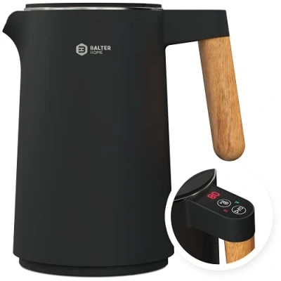 Afbeelding van BALTER Roestvrijstalen waterkoker met temperatuurinstelling, 45 C 100 C, dubbele wand, BPA vrij, stil en draadloos, warmhoudfunctie, theekoker temperatuurweergave, 1,5 l, 2200 W, zwart