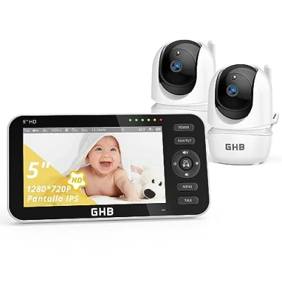 Afbeelding van GHB Babyfoon videocamera, 5 inch, babycamera, 720p HD, 4000 mAh, 350 graden, rotatie, uitgerust met 2 camera&#039;s, temperatuursensor, VOX nachtzicht