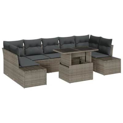 Afbeelding van vidaXL 8 delige tuinbankset met kussens grijs poly rattan