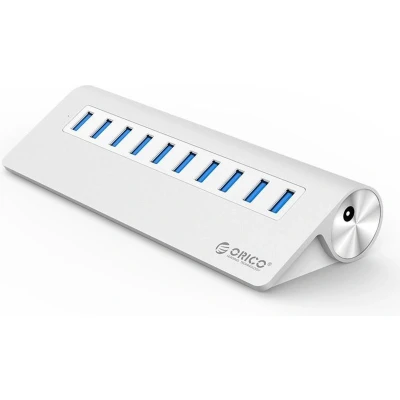 Afbeelding van Orico Aluminium 10 Poort USB 3.0 hub 5Gbps geschikt voor o.a. computer / laptop MacBook iMac Zilver