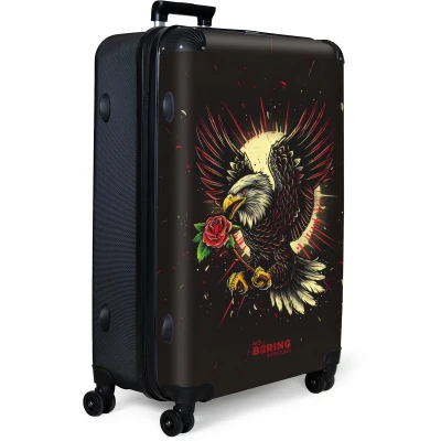 Afbeelding van NoBoringSuitcases.com® Koffer groot Reiskoffer lichtgewicht Zwart met adelaar en rode bloem Rolkoffer 4 wielen Grote trolley XL 98 liter bagage