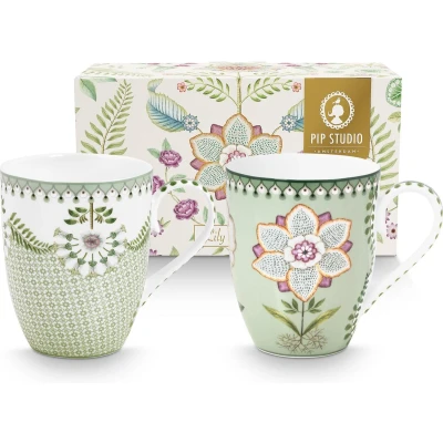 Afbeelding van Pip Studio Lily &amp; Lotus Light Green Set van Twee Mokken 350ml Porselein Vaatwasserbestendig