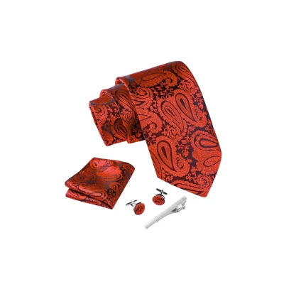 Afbeelding van Stropdas set Paisley Red met manchetknopen, pochet en dasspeld luxe stropdassen voor heren in Geschenkdoos Mens tie