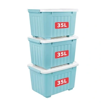 Afbeelding van Cetomo 35L x 3 opbergdozen met wielen, plastic opbergdoos deksel, vergrendelende gespen, kliksluiting, stapelbaar, nesten, duurzame organizer voor thuiskantoorkleding, blauw, Pack