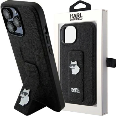 Afbeelding van Karl Lagerfeld Gripstand Saffiano Choupette Pins Case voor iPhone 13 Pro / Zwart