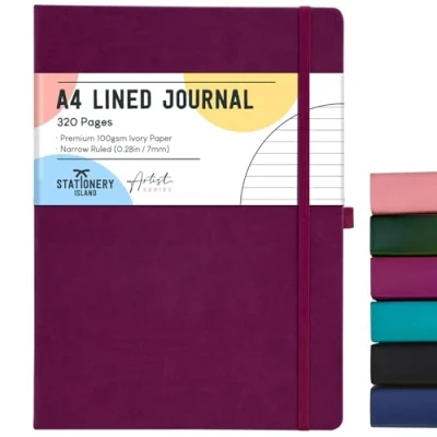 Afbeelding van STATIONERY ISLAND A4 gelinieerd notitieboek, 320 pagina&#039;s dik dagboek met 100 g/m² voor schrijven, werken, studeren, dagboek, bessen