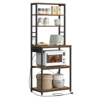 Afbeelding van VASAGLE Keukenplank met stopcontacten, staande plank voor keuken, magnetronplank, staand, 6 planken en haken, magnetron, stalen frame, 40 x 60 167 cm, vintage bruin inktzwart KKS124K01