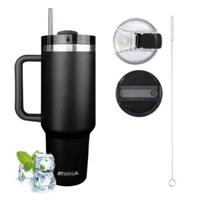 Afbeelding van STARLA Thermosbeker met rietje en handvat, 1,2 l, groot, 2 deksels, lekvrij, roestvrijstalen isolatiebeker, koffiebeker, bekerbeker, reisbeker, drinkbeker handvat (zwart)