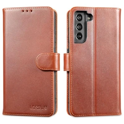 Afbeelding van LENSUN echt leren hoes voor Samsung Galaxy S21 FE, telefoonhoes met premium leer vak pasjes, RFID bescherming, FE 5G, donkerbruin