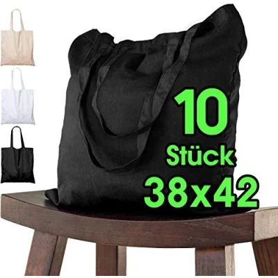 Afbeelding van katoenen tas 38x42 cm 10 stuks onbedrukt, stoffen met lange hengsels draagtas, tas, jute OEKO TEX® gecertificeerde boodschappentas verf zwart