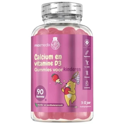 Afbeelding van maxmedix Calcium gummies met Vitamine D3 Voor kinderen de opbouw van sterke botten je kind 90 vegetarische Natuurlijke vanille en aardbei smaak