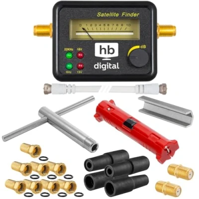 Afbeelding van HB Digital XXL Sat Montageset: Finder met analoog display + draadstripper montagesleutel schroefhulp 8X F stekker verguld 2X steker 4X rubberen doorvoertule weerbeschermingsgereedschapsset