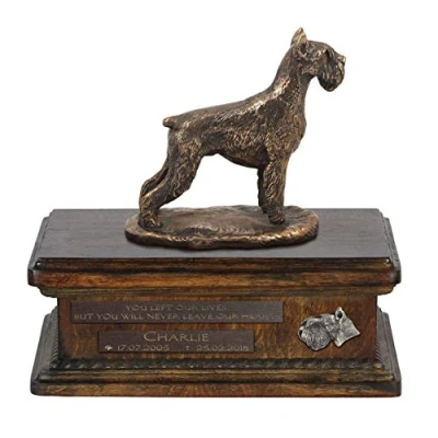 Afbeelding van Art Dog Custom Sitting Statue Memorial Urn Handgemaakt koud gegoten brons op berkenhouten voet 8,3x11,4x8,7 5l Schnauzer