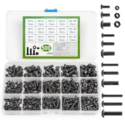 Afbeelding van 500 stuks M3, M4, M5 schroevenset, lenskopschroeven, assortimentset, zwarte binnenzeskant schroeven, moerset, schroefdraadmachines, binnenzeskantschroeven met moeren (500)