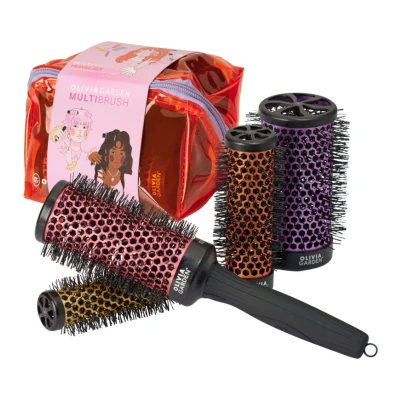 Afbeelding van Olivia Garden Multibrush Travel Kit 4 in 1 ronde borstelset met verwisselbare vaten maten 25, 35, 45, 55 perfect voor geweldige blowouts en on the go styling