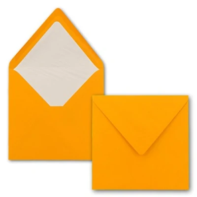 Afbeelding van 25 x enveloppen, vierkant, 16 cm, in mandarijn, enveloppen met witte zijdevoering, zonder venster en natte plakrand, voor uitnodigingskaarten bruiloft verjaardag