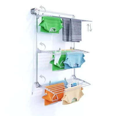 Afbeelding van foxydry Tower Wandwasrek, verticaal, intrekbaar wasrek voor binnen en buiten, 108 x 52 137 cm (100 stuks, grijs)