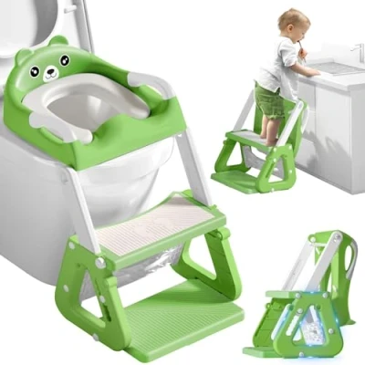 Afbeelding van ZQEJEFD Toiletbril voor kinderen met trap, wc bril, toilet gevoerde zitting, 2 in 1 kindertoiletbril, hoogte verstelbaar, opvouwbaar, antislip treeplank