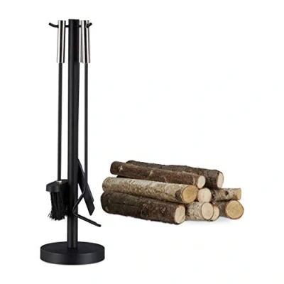 Afbeelding van Relaxdays haardset haardstel modern 4 delig staal en RVS open haard gereedschap