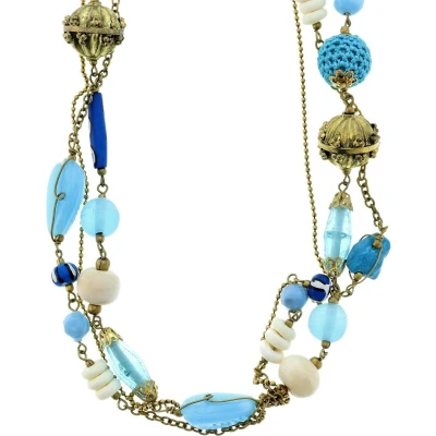 Afbeelding van Behave Lange blauwe fantasie ketting met gehaakte kralen, glaskralen en goudkleurige kralen
