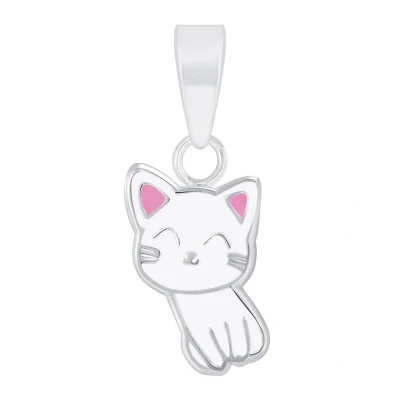 Afbeelding van JoyS Zilveren kat poes hanger wit met roze oortjes katje zonder ketting sterling zilver 925