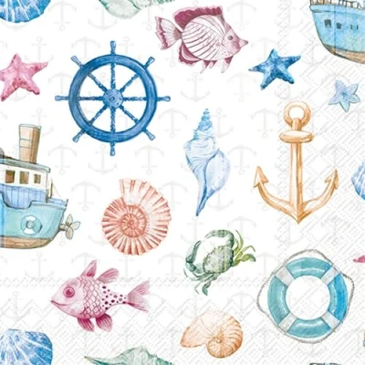Afbeelding van 20 servetten maritieme elementen van de scheepvaart als tafeldecoratie. Papieren met motief. Ook voor decoupage en servettechniek 33x33cm