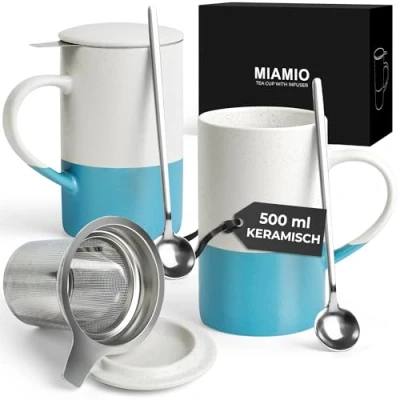 Afbeelding van MIAMIO Theekopjes Set 2 x 500 ml met Infuser en Deksel/Keramische Theemok Lepel voor Losse Theebladeren, Cadeaus Theeliefhebbers Magnetron &amp; Vaatwasserbestendig (Bleu)