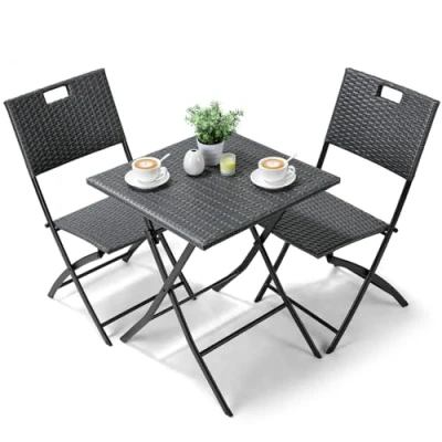 Afbeelding van Bistro Tuinmeubelset, 3 delig, balkonmeubel, rotan set, balkonmeubelset bistro, 1 klaptafel en 2 stoelen, grijs, balkonset, balkonmeubels, inklapbaar, zitgroep voor balkon, terras tuin