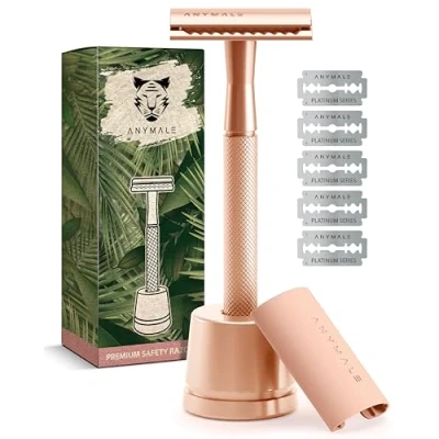 Afbeelding van ANYMALE® Scheermes Rose Gold Edition damesset met standaard en 5 ASTRA messen plastic vrij metalen scheerapparaat
