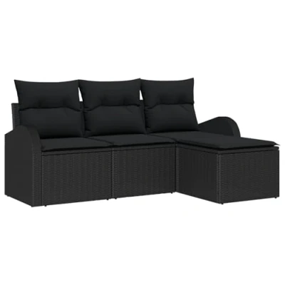 Afbeelding van vidaXL 4 Delige Tuin Sofa Set met Kussens Zwart Poly Rattan, 2 Zits Opslag &amp; Rattan