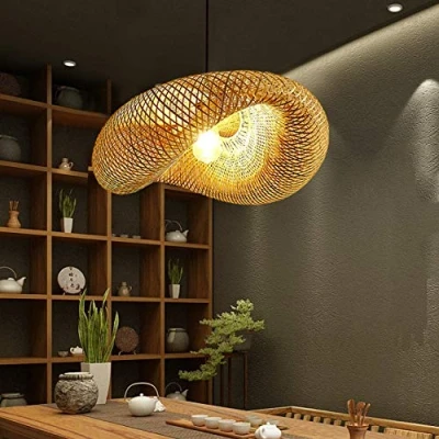 Afbeelding van Retro Bamboe Hanglamp Land Geweven Lamp Handgeweven Rotan E27 Hoogte Verstelbare Villa Slaapkamer Gang Verlichting Decoratie Kroonluchter,80cm