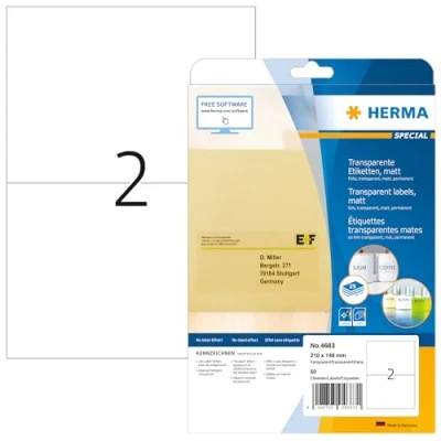 Afbeelding van HERMA 4683 weerbest folielabels A4 transparant (210 x 148 mm, 25 velles, polyesterfolie, mat) zelfklevend, bedrukbaar, permanente Klevende etiketten, 50 etiketten voor printer