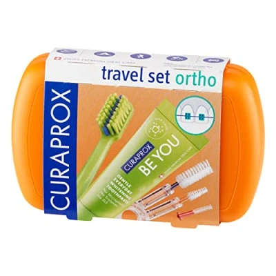 Afbeelding van Curaprox Travel Set Ortho Orange, Tandborstel, interdentale borstel, Tandpasta 10ml, reisdoos