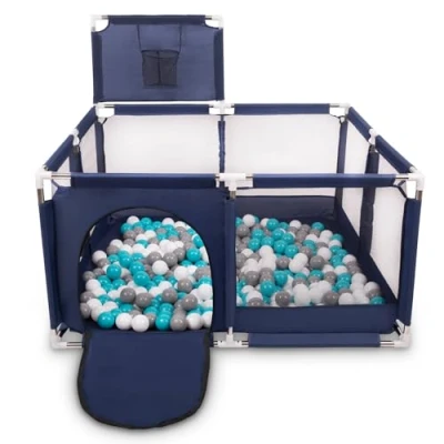 Afbeelding van Selonis Square Babybox Met Plastic 100 Ballen, Basketbal, Blauw:Grijs/Wit/Turkoois